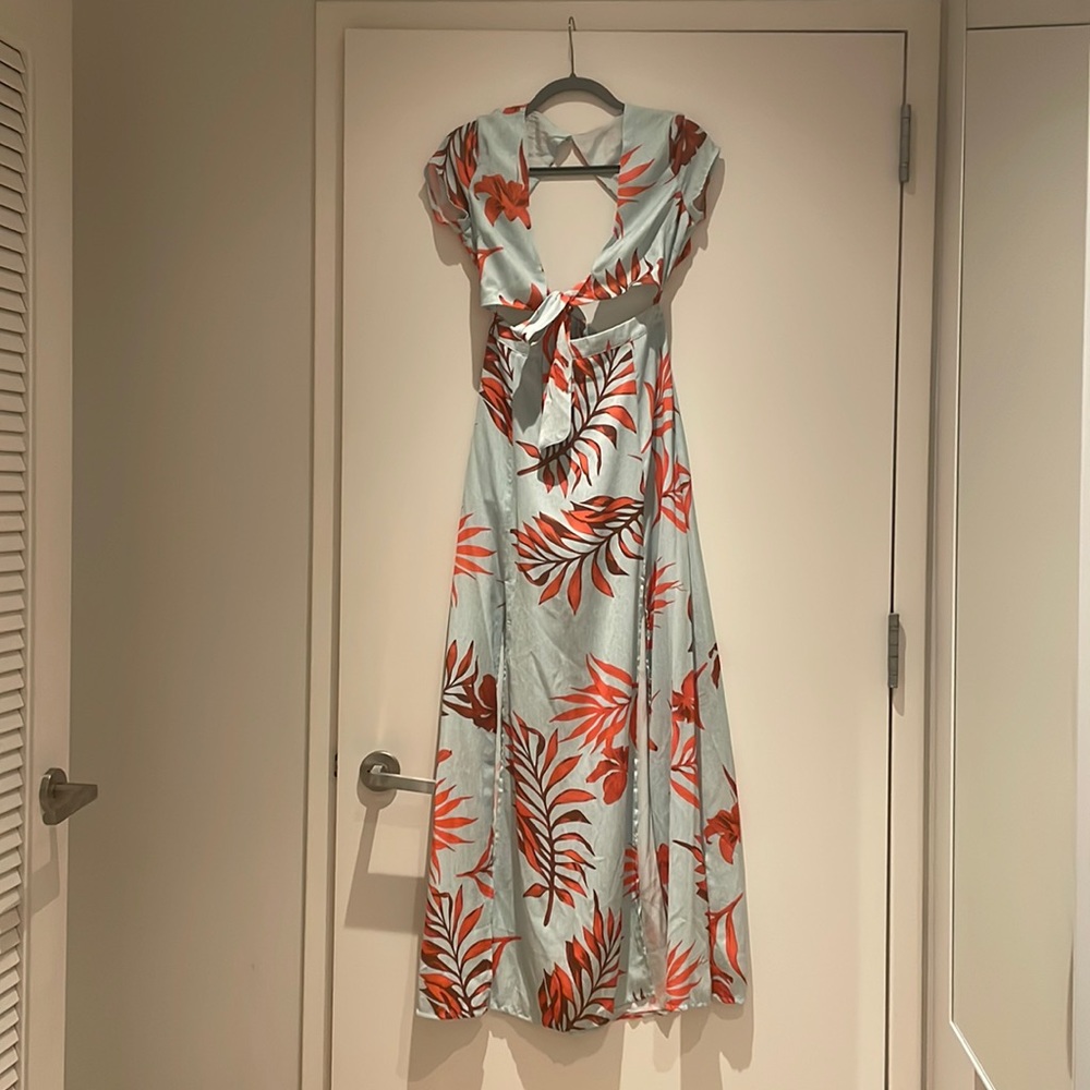 Gorgeous Blue and orange cut out maxi with front tie and slots on skirt